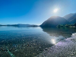 Beautiful panoramic views at the lake side of Glendhu Bay. Landscape with lake and mountains