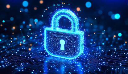 "Digital Cybersecurity Concept with Glowing Lock Symbol and Circuit Board Background Representing Data Protection, Network Security, and Information Encryption in a Futuristic Technology Environment.