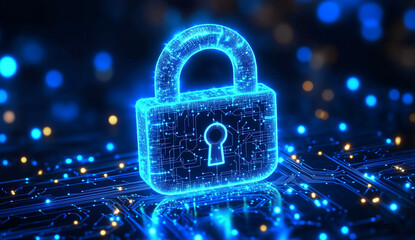 "Digital Cybersecurity Concept with Glowing Lock Symbol and Circuit Board Background Representing Data Protection, Network Security, and Information Encryption in a Futuristic Technology Environment.