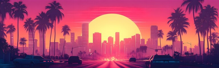 A synthwave background with palm trees and the sun setting behind an urban skyline, featuring retro-futuristic elements like vintage cars and neon lights