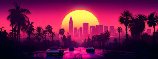 A synthwave background with palm trees and the sun setting behind an urban skyline, featuring retro-futuristic elements like vintage cars and neon lights