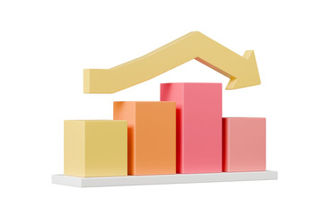 3D Bar Chart with arrow rising icon on isolated purple background. Soaring finances, strengthening currency concept. Minimal Data analysis bar pie graph growth up with an arrow rising icon. 3d render.