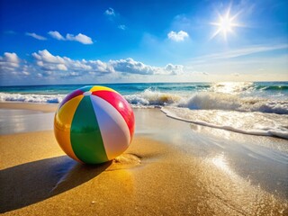 Obraz premium Brightly colored beach ball nestled on sandy beach, as clear blue ocean waves lap gently against the shore