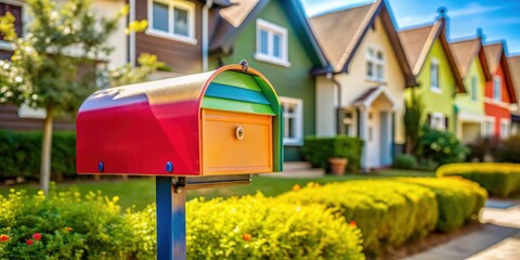 A colorful letterbox standing in front of a house , mail, delivery, mailbox, communication, correspondence, post, letters, home
