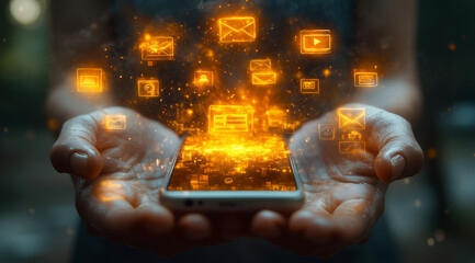 Digital Communication and Data Exchange Concept with Floating Icons Above Smartphone in User's Hands