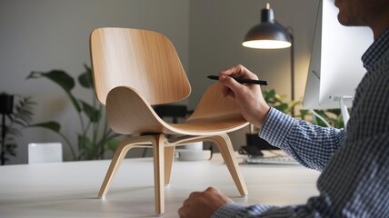 Modern wooden chair design. A person in a blue checkered shirt examining a modern wooden chair with a black pen, sitting at a desk with a computer and a lamp in a home office.