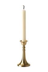 A simple white candle in a metallic holder, isolated on a clean white background PNG