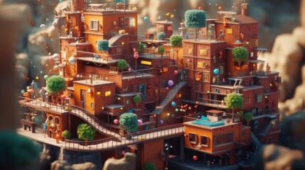 Obraz premium A whimsical 3D rendering of a miniature city with colorful balloons floating around, depicting a joyful and vibrant atmosphere.