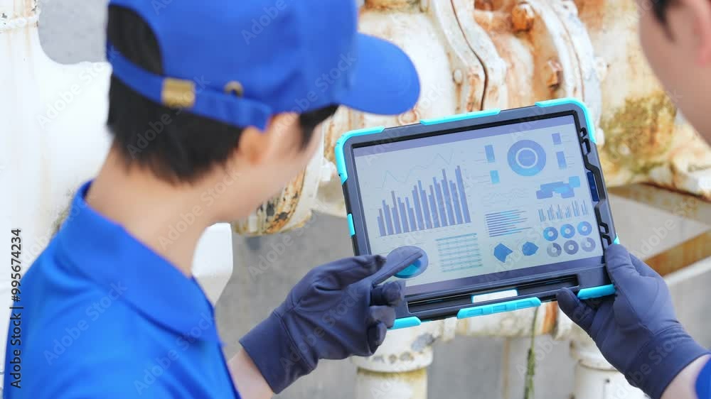Poster タブレットを見ながら配管・機械を点検するエンジニアのグループ