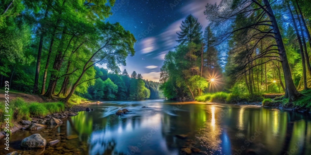 Poster Beautiful panoramic view of sky at night in forest with river , nature, landscape, night sky, stars, moon, trees