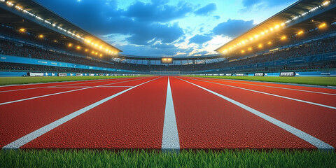 Empty Professional Athletics Track in a Large Stadium with Spectator Stands at Sunset, Representing Competitive Sports, Running Events, and Outdoor Athletic Competitions.