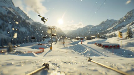 Detailed tracking shot of snowboarder executing tricks in a terrain park focusing on equipment