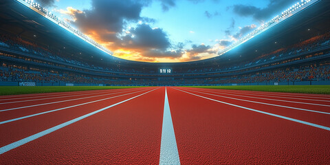 Empty Professional Athletics Track in a Large Stadium with Spectator Stands at Sunset, Representing Competitive Sports, Running Events, and Outdoor Athletic Competitions.