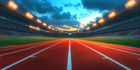 Empty Professional Athletics Track in a Large Stadium with Spectator Stands at Sunset, Representing Competitive Sports, Running Events, and Outdoor Athletic Competitions.
