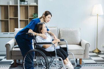 Obraz premium Friendly nurse doctor disease patient support during recovery, caregiver taking care of her patient and showing kindness while doing a checkup in home.