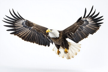 Fototapeta premium Bald Eagle Mid-Flight A bald eagle in mid-flight, wings spread wide, showcasing its impressive wingspan. 
