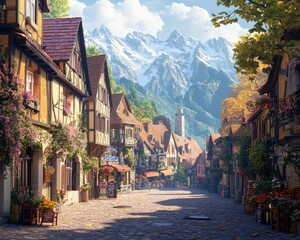 Naklejka premium Charming cobblestone street in a quaint European village, nestled against a backdrop of snow-capped mountains. .