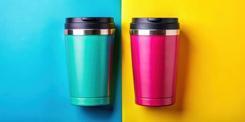 Two colorful thermo mugs on vibrant background top view close-up, thermo mugs, green, pink, top view, close-up, vibrant