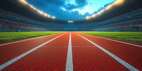 Empty Professional Athletics Track in a Large Stadium with Spectator Stands at Sunset, Representing Competitive Sports, Running Events, and Outdoor Athletic Competitions.