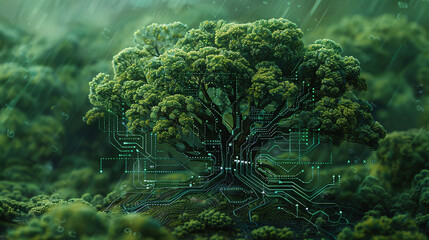 Tree growing in circuit board, conceptual blending nature with technology