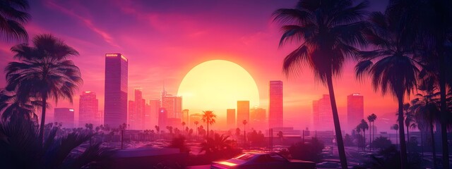 A synthwave background with palm trees and the sun setting behind an urban skyline, featuring retro-futuristic elements like vintage cars and neon lights
