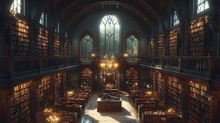 Obraz premium Towering Gothic Revival University Library with Vaulted Ceilings and Antique Chandelier