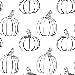 Autumn pattern. Large and small pumpkins. Sketch illustration. Black lines. On a white background.