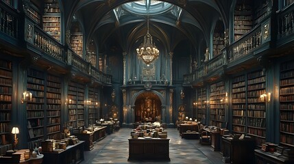 Fototapeta premium Majestic Gothic Revival University Library with Towering Bookshelves and Vaulted Ceilings