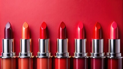 Obraz premium Variety of lipstick shades on red background with swatches, lipsticks, makeup, cosmetics, beauty