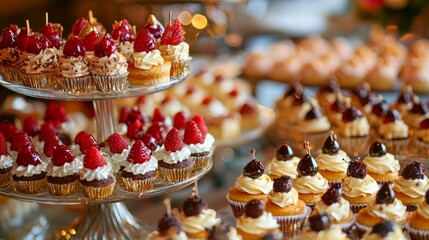 Gourmet desserts displayed elegantly for event. Tempting treats buffet, dainty, delicacies, desserts