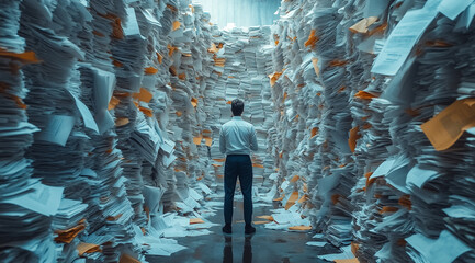 Overwhelmed Businessman Standing Amidst Towers of Paperwork Representing Bureaucratic Overload and Workplace Stress