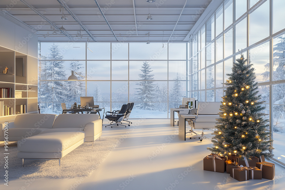 Sticker Modern Open Office Elegantly Decorated for Christmas with Snow Views  