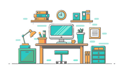 flat colored outline icon transparent around shapes computer book room office 