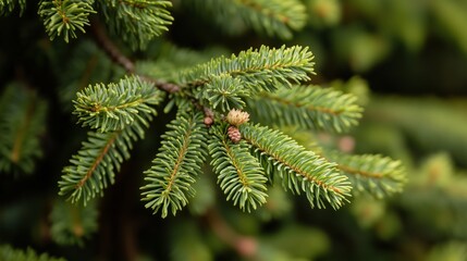 Fototapeta premium Close-up of evergreen tree branches with new growth, captured in a forest during late spring season