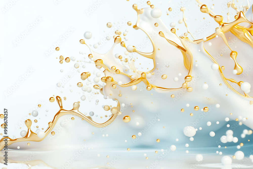 Poster golden droplets splash and dance against a soft backdrop, creating an elegant and dynamic visual tha