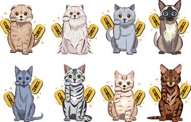Fortune cat collection まねき猫｜ブリティッシュショートヘア、ペルシャ猫、シャム猫、スコティッシュフォールド、ベンガル、アメリカンショートヘア、ロシアンブルー、マンチカンなど全8種の猫ちゃんが招き猫になって金運・幸運を呼んでくるイラストです。