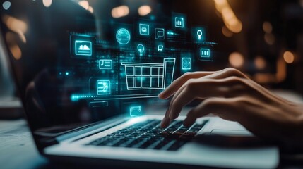 Fototapeta premium notion of digital marketing commerce internet sales, advertising of goods and services using digital platforms, including websites, email, social media, search engines, and digital marketing goals