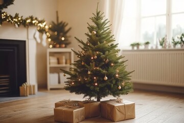 Simple Christmas tree with wrapped presents in a cozy living room illuminated by warm daylight creating a homely and welcoming holiday scene