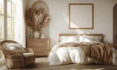 Cozy bedroom with wicker furniture and a natural rug. .