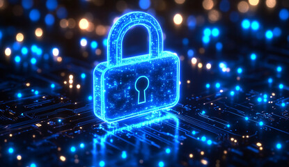 "Digital Cybersecurity Concept with Glowing Lock Symbol and Circuit Board Background Representing Data Protection, Network Security, and Information Encryption in a Futuristic Technology Environment.