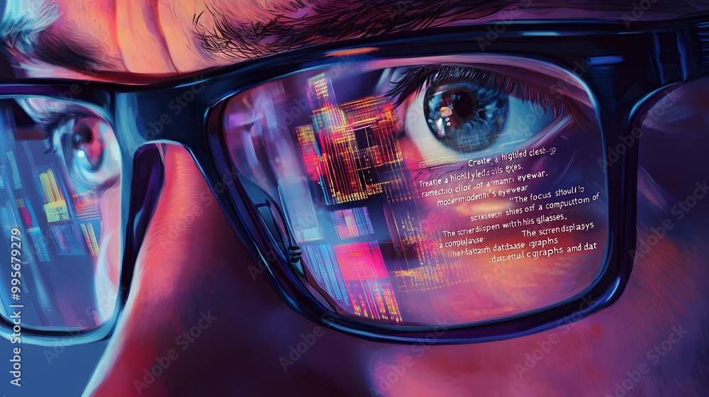 Poster a close-up of an eye looking through glasses reflecting data and code
