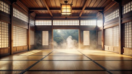 Traditional Japanese style dojo with haze in the air , karate, school, martial arts, training, Japan, tatami