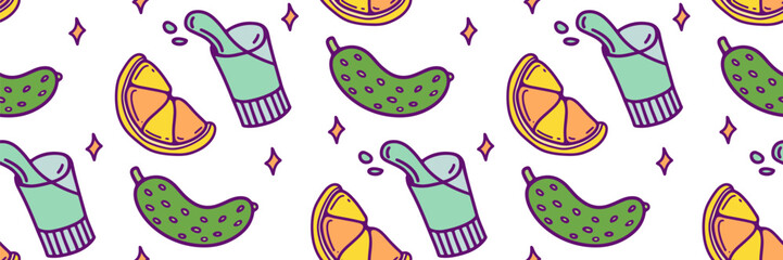 Vodka, lemon and cucumber seamless pattern. Background with strong alcoholic drink and fresh snack. Suitable for bar, menu. For market, textile wallpaper, brand. Outline trendy vector illustration.