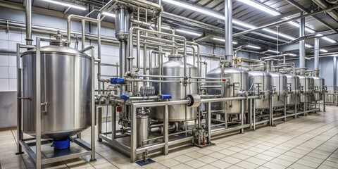 Storage and pasteurization tank at the milk factory with pipes and valves , dairy plant