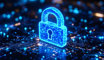 "Digital Cybersecurity Concept with Glowing Lock Symbol and Circuit Board Background Representing Data Protection, Network Security, and Information Encryption in a Futuristic Technology Environment.