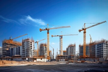 A construction site bustling with cranes and half built structures offers a dynamic setting for architectural, urban development, and construction related concepts. Generative AI