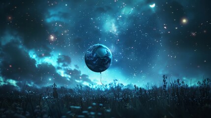 A beautiful night sky with a glowing Earth floating above a field of flowers under a starry sky filled with vibrant colors.