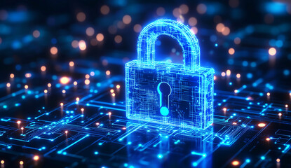 "Digital Cybersecurity Concept with Glowing Lock Symbol and Circuit Board Background Representing Data Protection, Network Security, and Information Encryption in a Futuristic Technology Environment.
