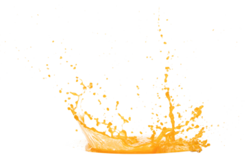 Orange Mango Juice pouring and splash as crown water. Orange Mango Juice explode bubble splash in mid air. Orange juice element water. White background isolated photography