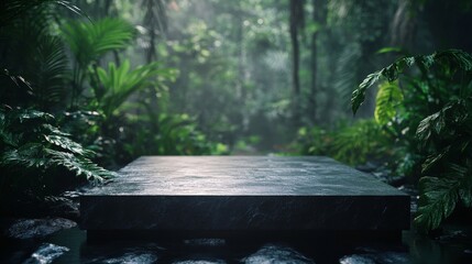 Dark stone platform in a misty jungle. .
